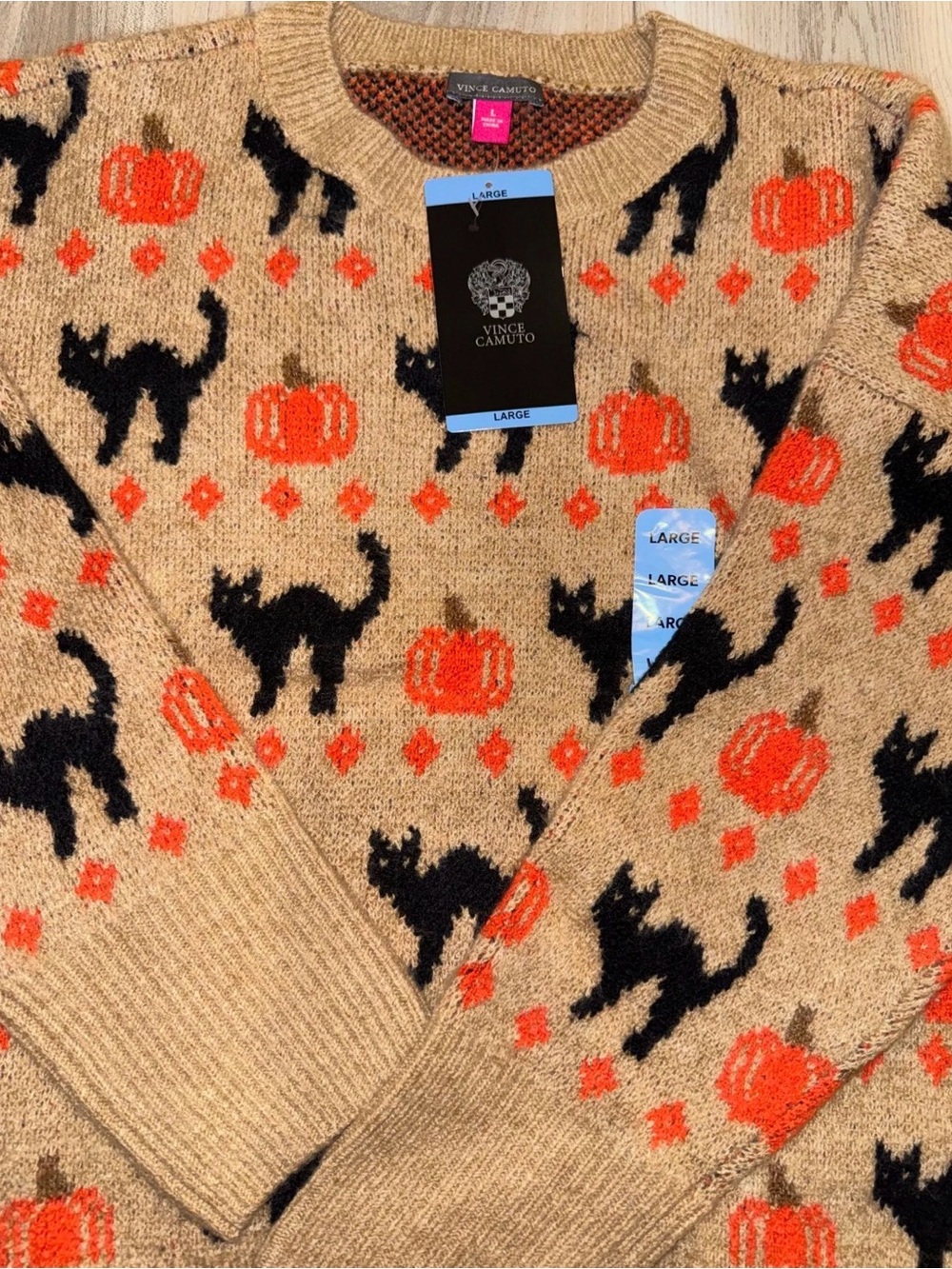 Vince Camuto Beige Crewneck Sweater with Orange Pumpkins & Black Cats